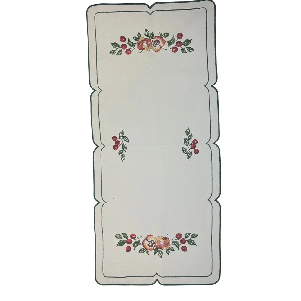 Table Runner Cream Embroidered Fruit Apple Cherry‎ Scalloped Country Farmhouse